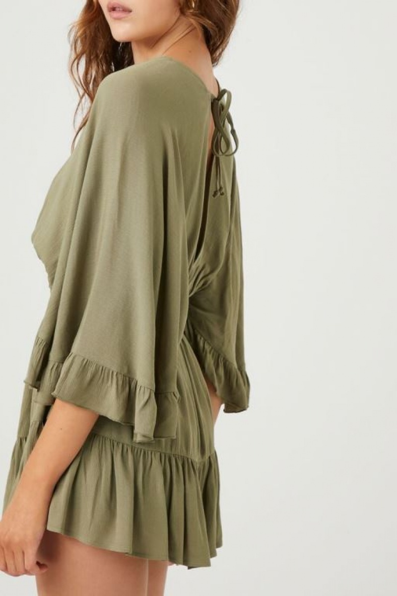 Vestido Forever 21 Ruffle Bell Sleeve Mini Mujer Olivine | OYJwBbCccef