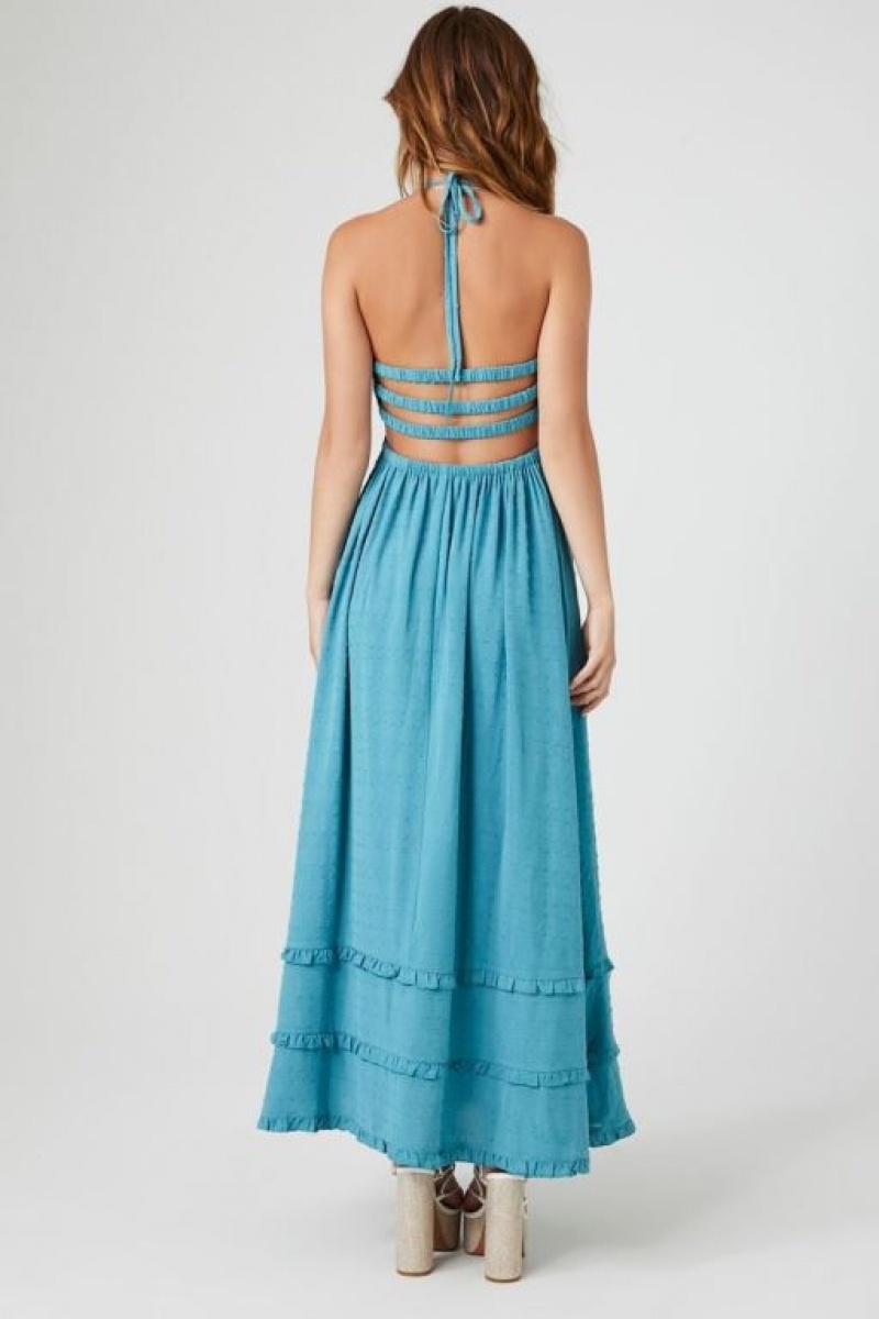 Vestido Forever 21 Ruffle Halter Cutout Maxi Mujer Turquesa Azules | s0zQnamLlOT