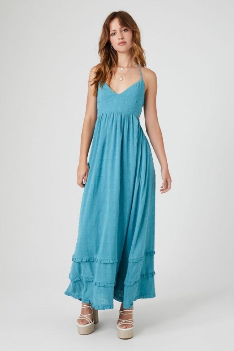 Vestido Forever 21 Ruffle Halter Cutout Maxi Mujer Turquesa Azules | s0zQnamLlOT