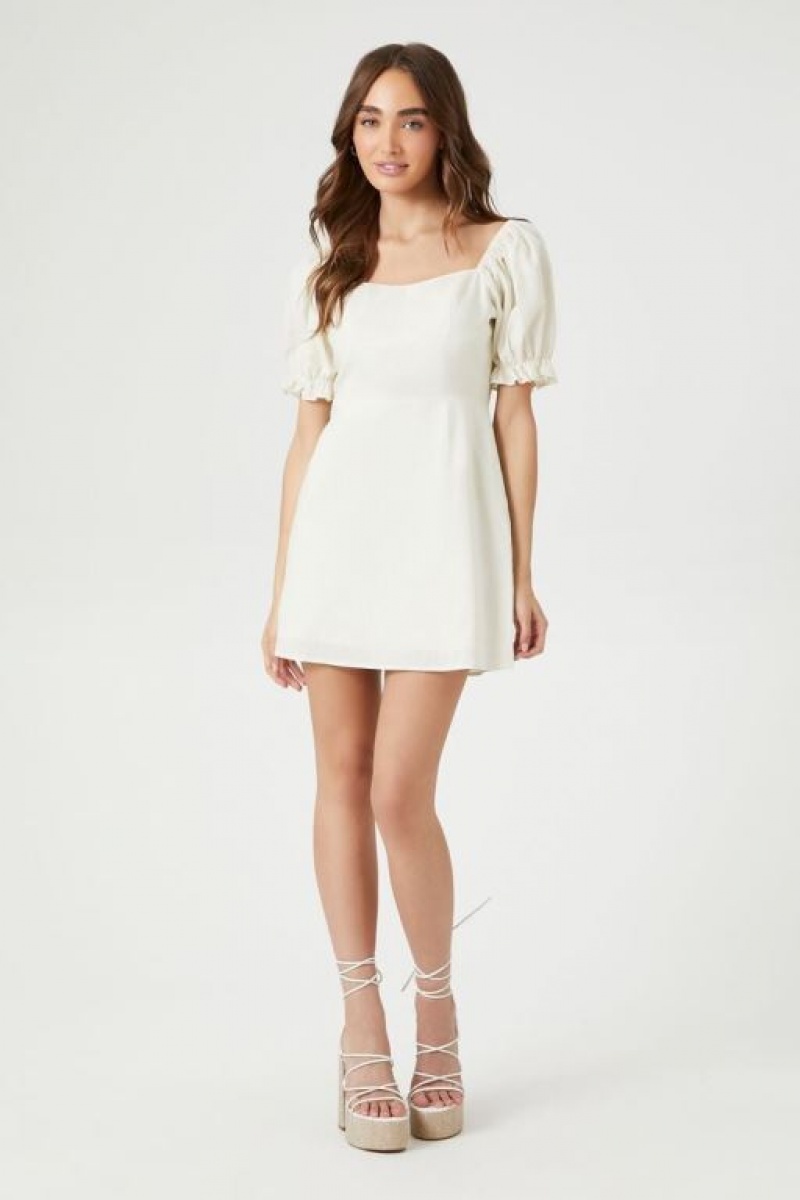 Vestido Forever 21 Ruffle Puff Sleeve Mini Mujer Creme | H6C2c4AGm8c