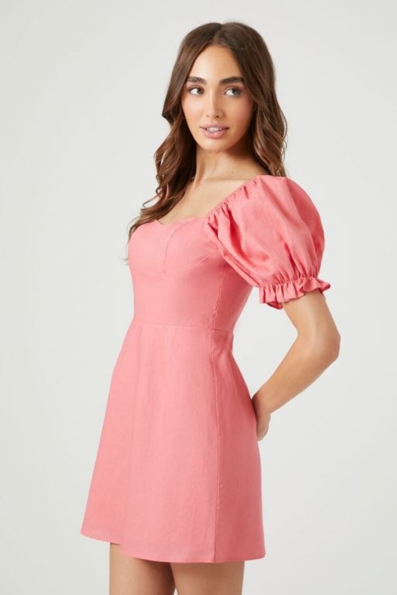 Vestido Forever 21 Ruffle Puff Sleeve Mini Mujer Rosas | lg3fH2WKCKa