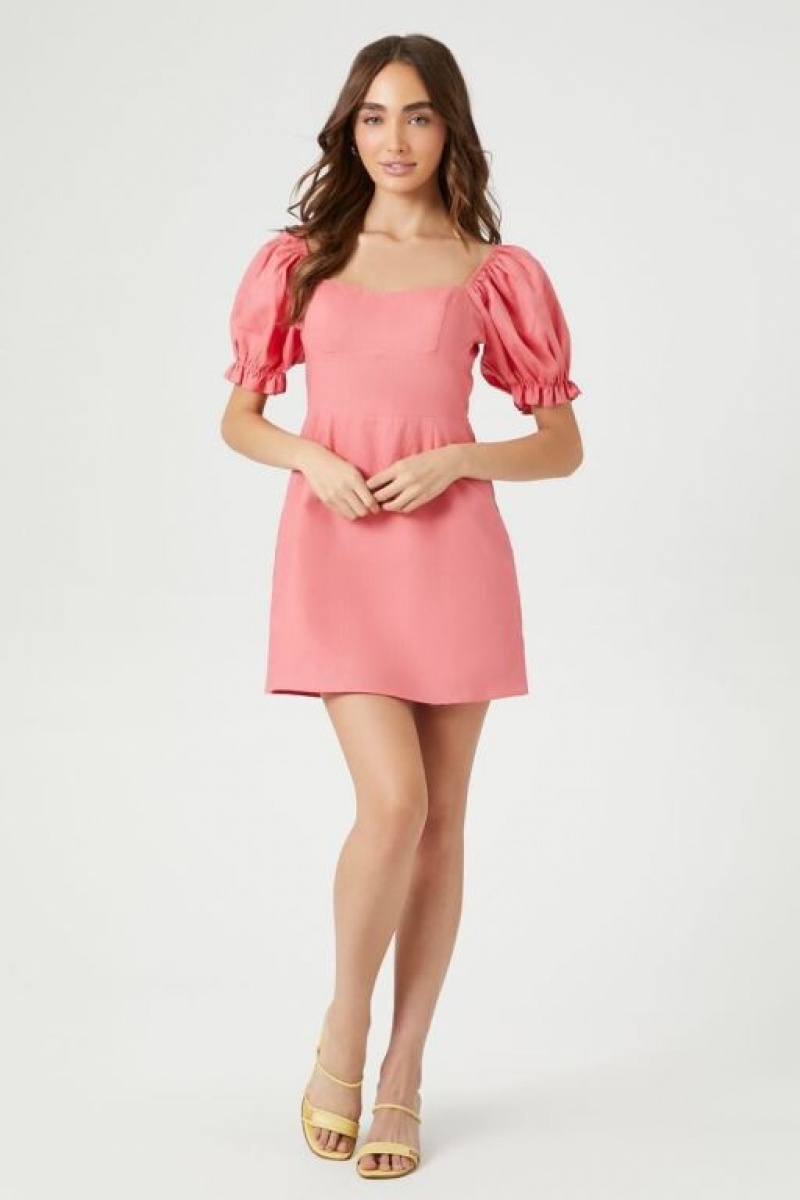 Vestido Forever 21 Ruffle Puff Sleeve Mini Mujer Rosas | lg3fH2WKCKa