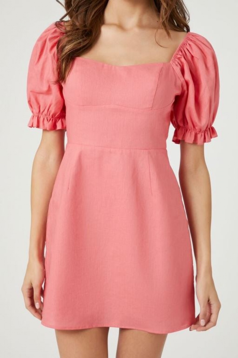 Vestido Forever 21 Ruffle Puff Sleeve Mini Mujer Rosas | lg3fH2WKCKa