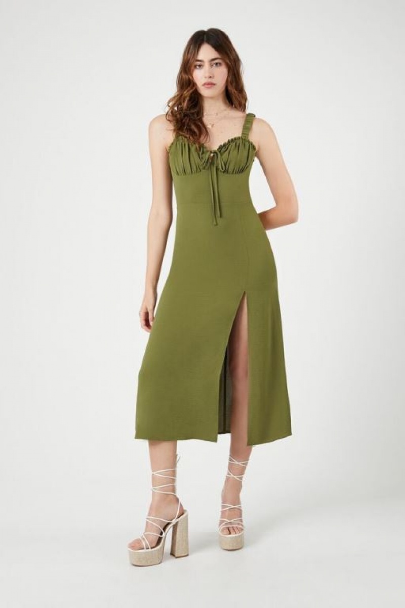 Vestido Forever 21 Ruffle Trim Sweetheart Midi Mujer Verde Oliva | MMvuUQzIxLF