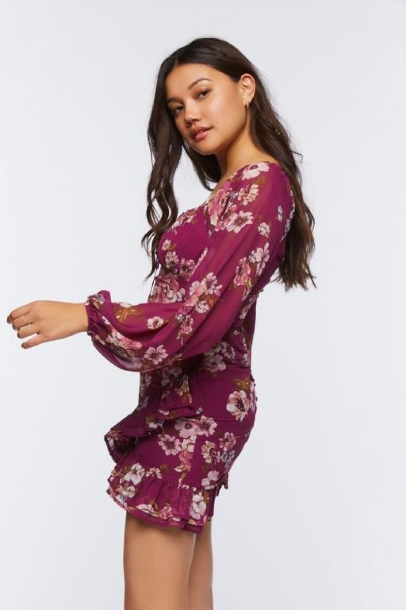 Vestido Forever 21 Ruffled Floral Print Mini Mujer Burdeos Multicolor | Ut2idHcgKWZ