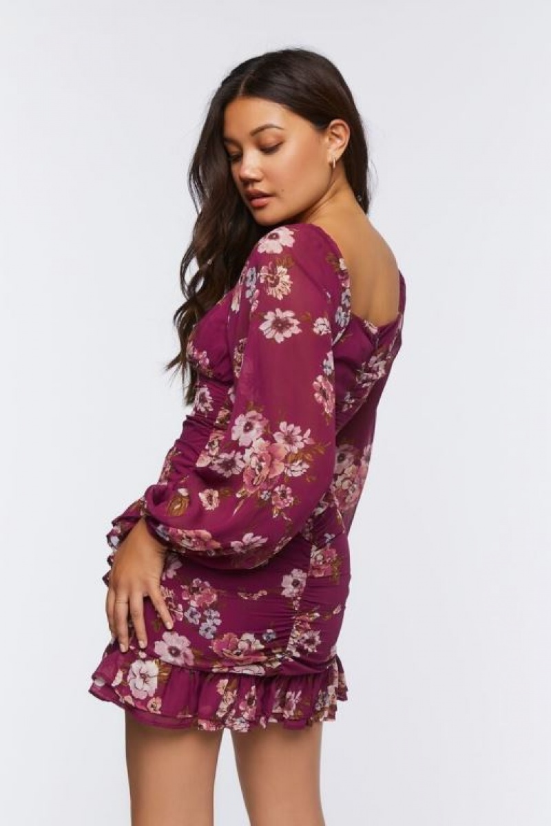 Vestido Forever 21 Ruffled Floral Print Mini Mujer Burdeos Multicolor | Ut2idHcgKWZ