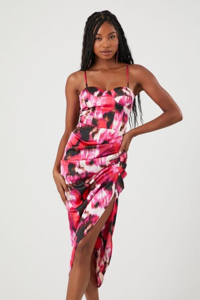 Vestido Forever 21 Satin Abstract Print Bustier Midi Mujer Rosas Multicolor | ztuIfOYWRza