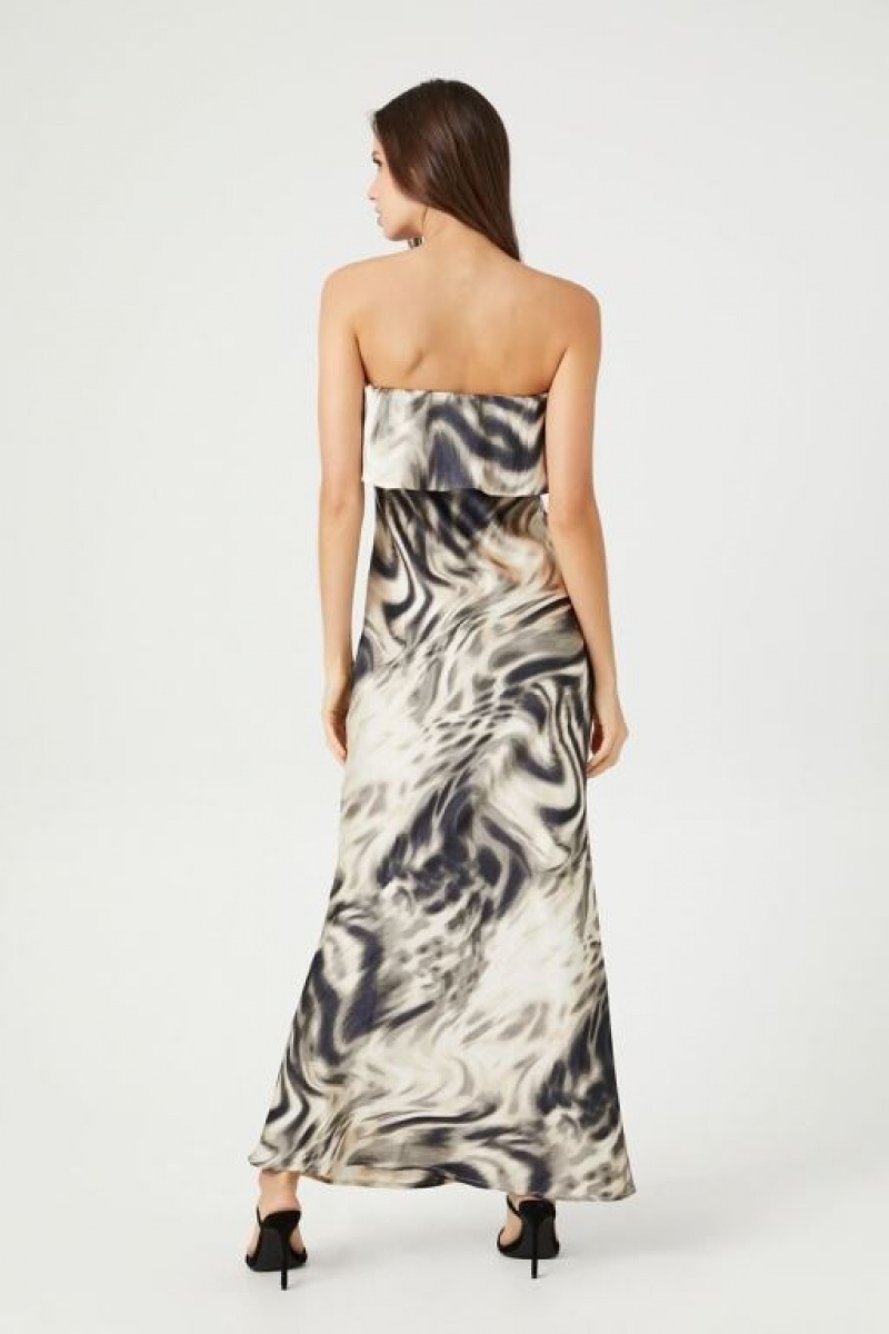 Vestido Forever 21 Satin Abstract Strapless Maxi Mujer Marrones Multicolor | WgVdqaMblC0