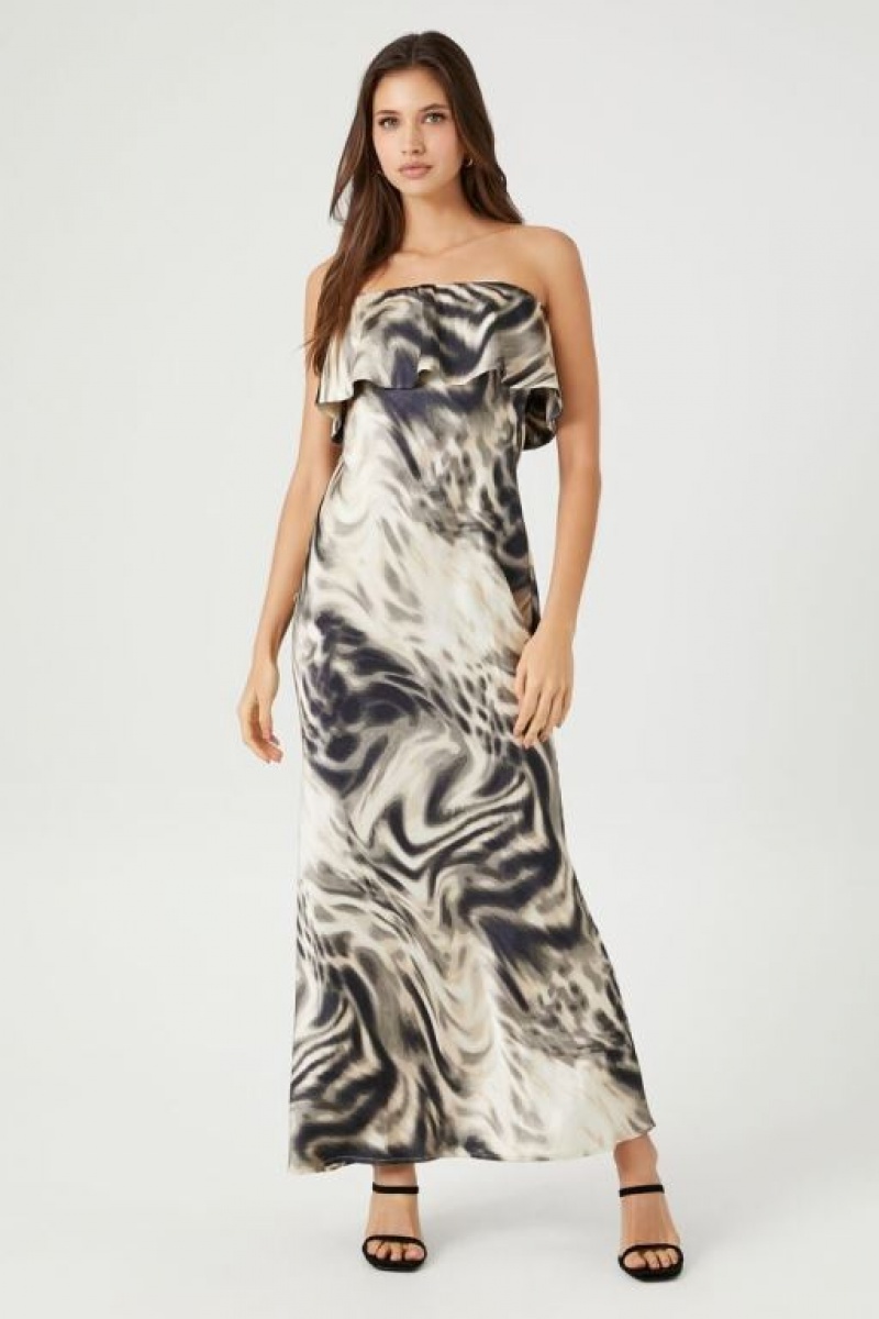 Vestido Forever 21 Satin Abstract Strapless Maxi Mujer Marrones Multicolor | WgVdqaMblC0