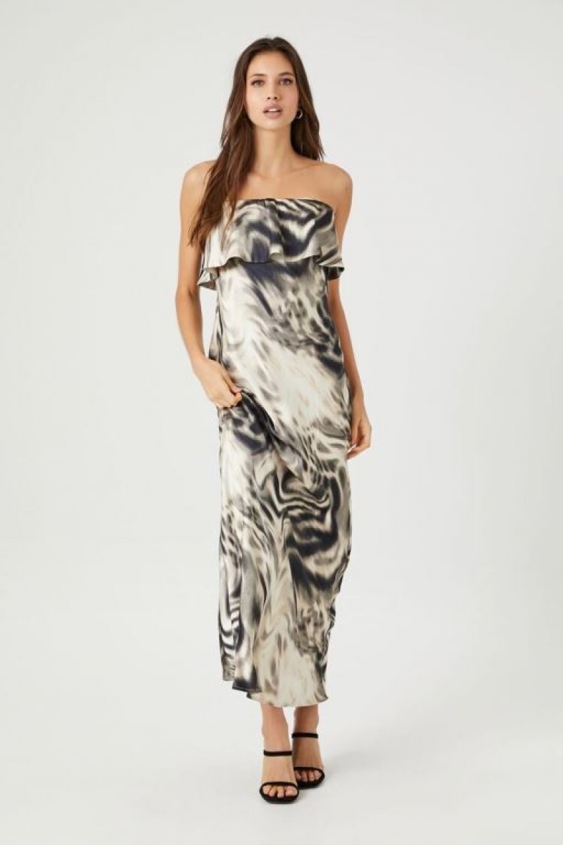 Vestido Forever 21 Satin Abstract Strapless Maxi Mujer Marrones Multicolor | WgVdqaMblC0