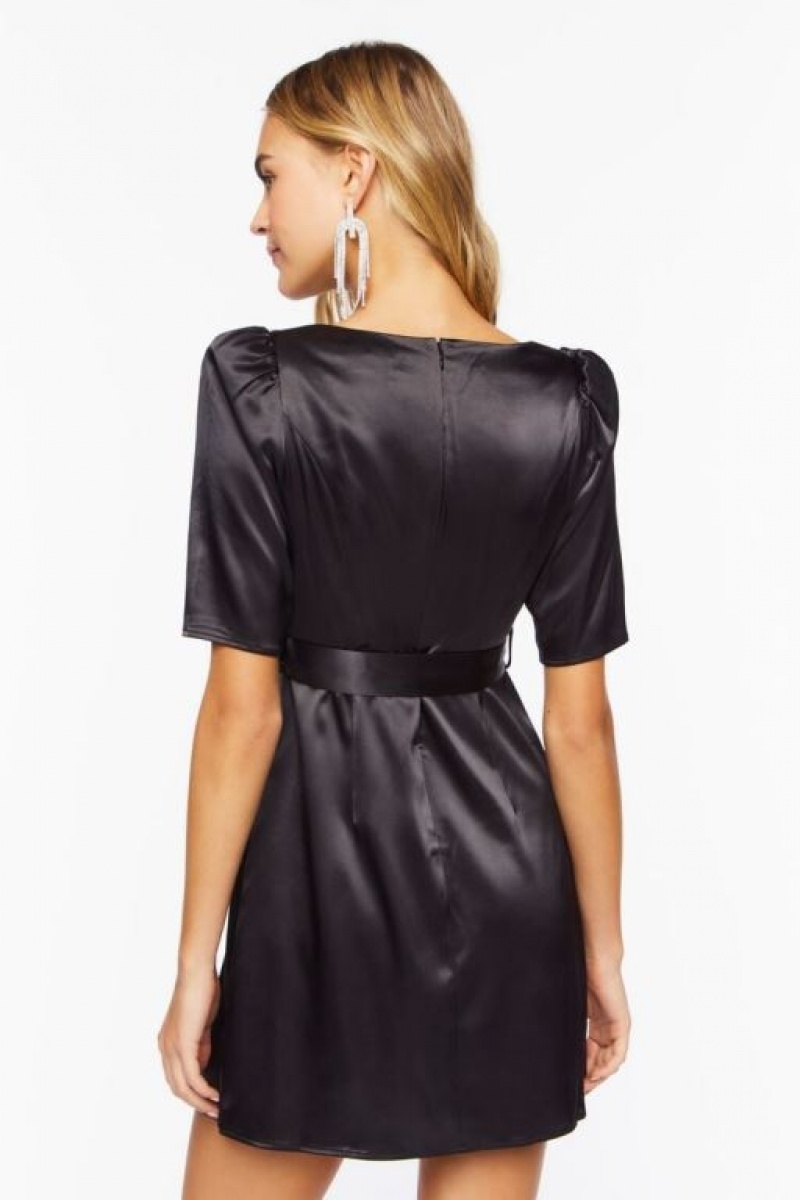 Vestido Forever 21 Satin Belted Mini Mujer Negras | 0g5AfcrkrtI