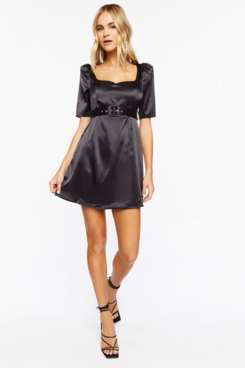 Vestido Forever 21 Satin Belted Mini Mujer Negras | 0g5AfcrkrtI