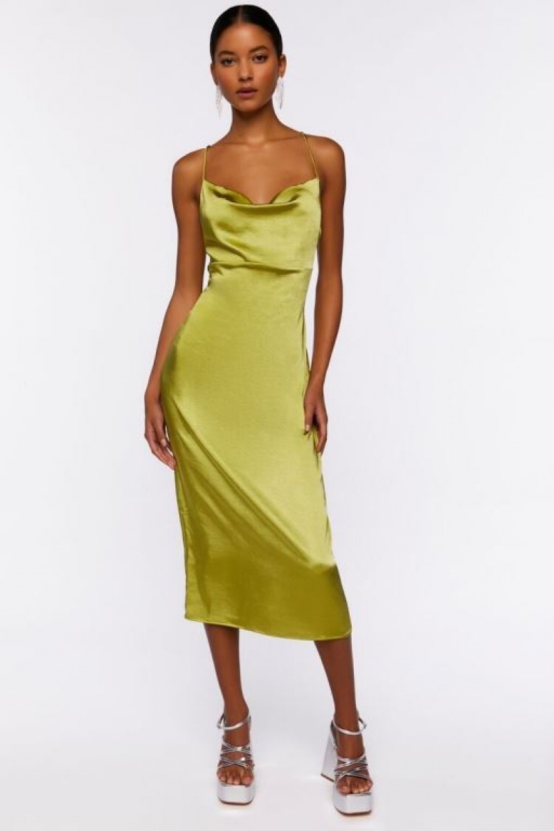 Vestido Forever 21 Satin Cowl Midi Slip Mujer Verde | UfcA06ZwLos