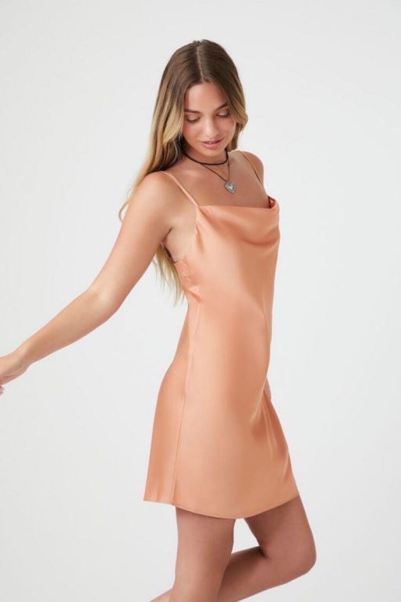 Vestido Forever 21 Satin Cowl Mini Slip Mujer Toasted Almond | uCbGjUrV2xk