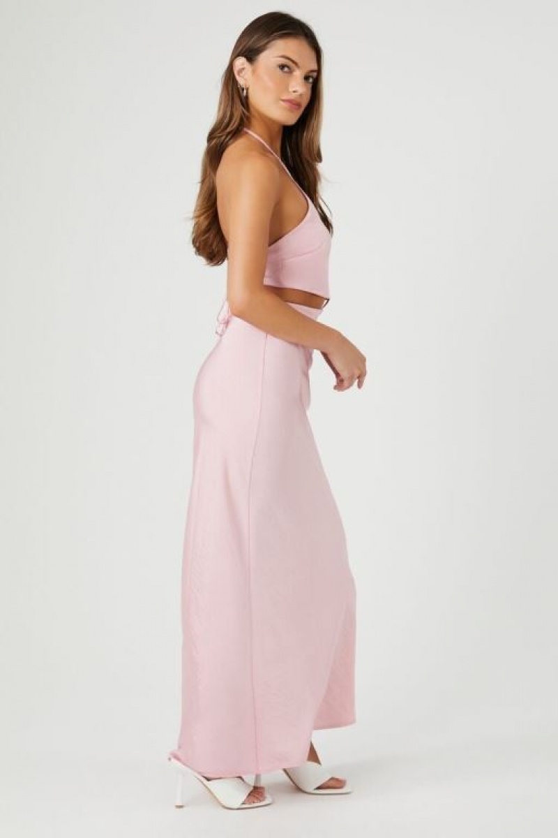 Vestido Forever 21 Satin Cutout Halter Maxi Mujer Rosas | zNAQTFkBl5W