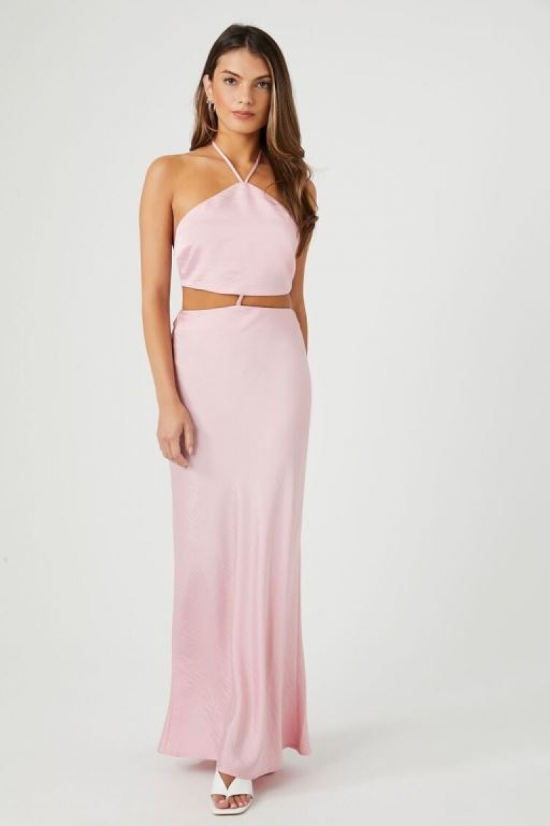 Vestido Forever 21 Satin Cutout Halter Maxi Mujer Rosas | zNAQTFkBl5W