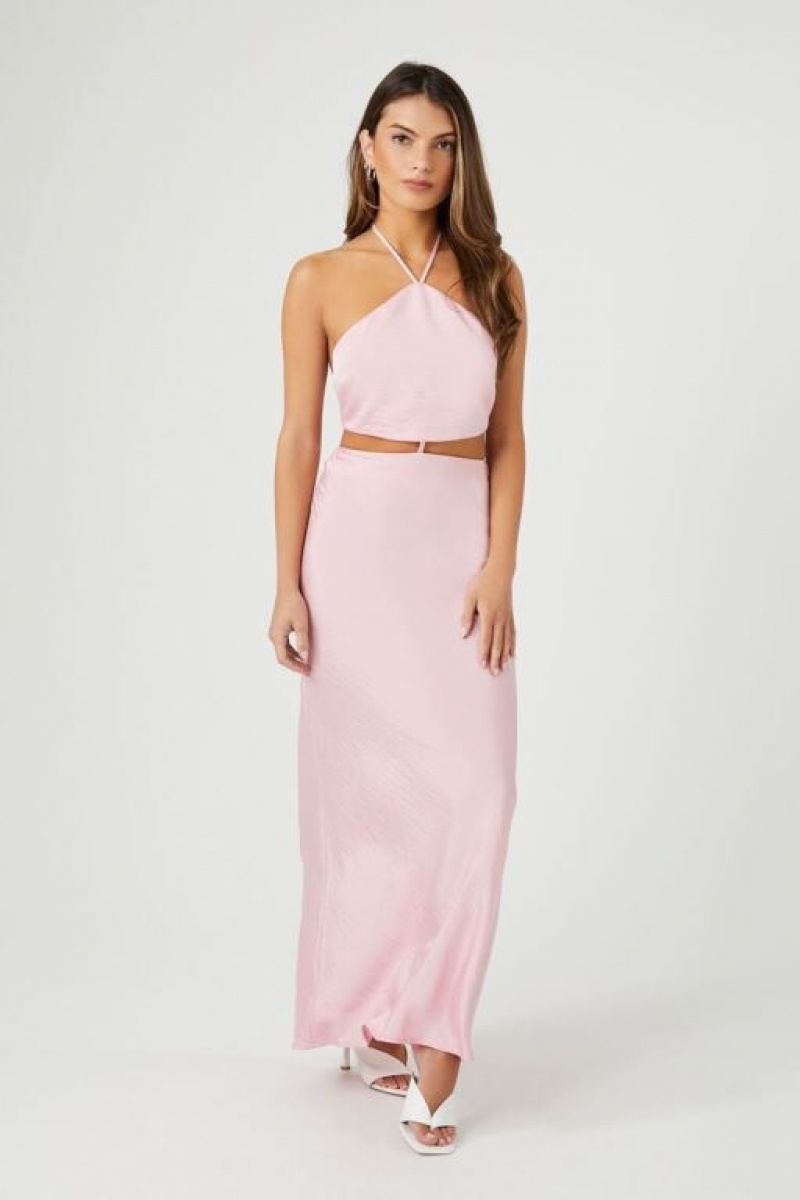 Vestido Forever 21 Satin Cutout Halter Maxi Mujer Rosas | zNAQTFkBl5W