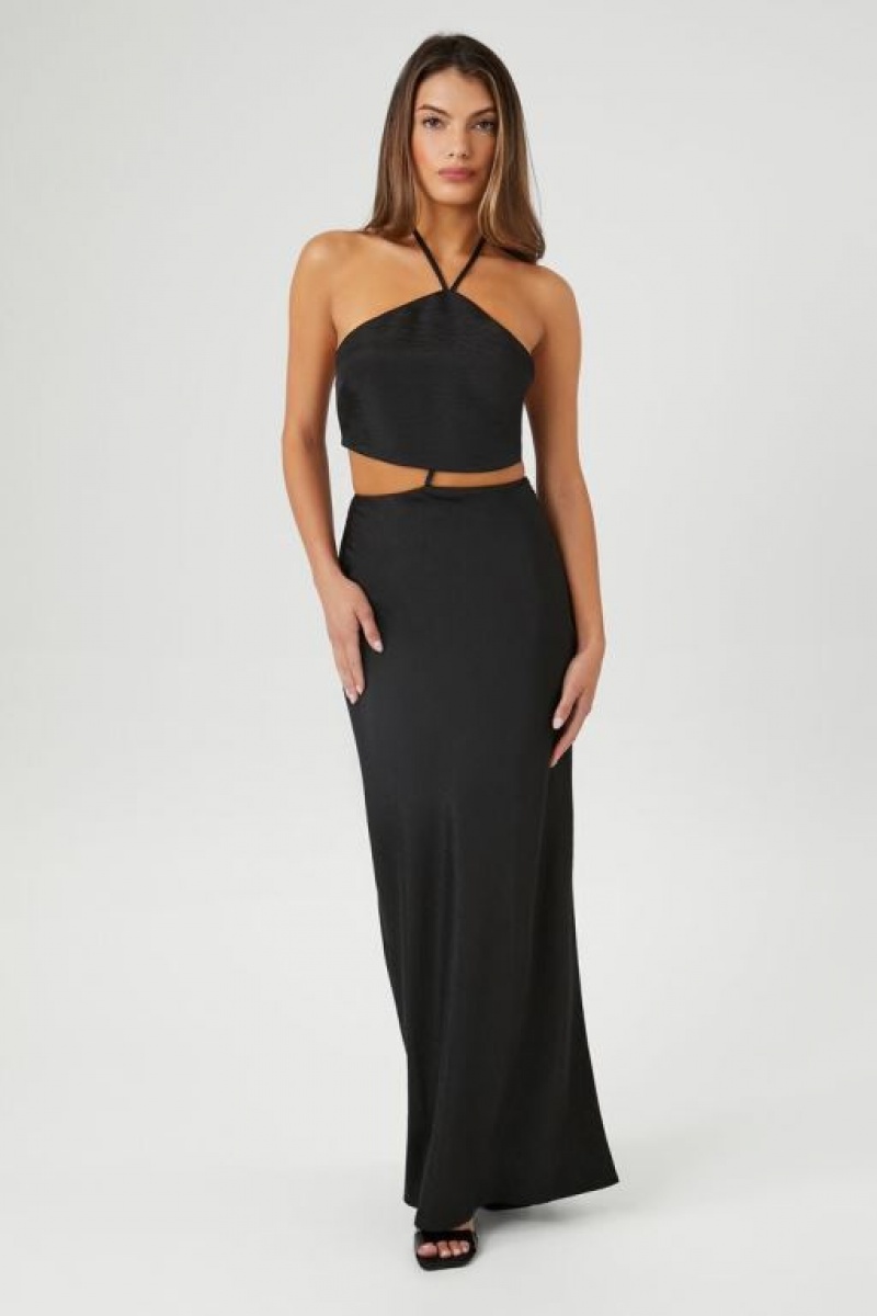 Vestido Forever 21 Satin Cutout Halter Maxi Mujer Negras | spJJ29jfMnP