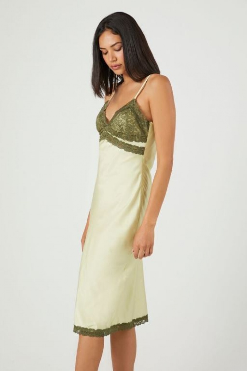 Vestido Forever 21 Satin Lace Trim Midi Mujer Gris Verde | tmogOoLrPX2