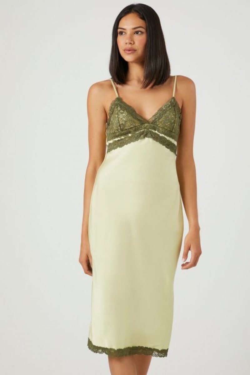 Vestido Forever 21 Satin Lace Trim Midi Mujer Gris Verde | tmogOoLrPX2