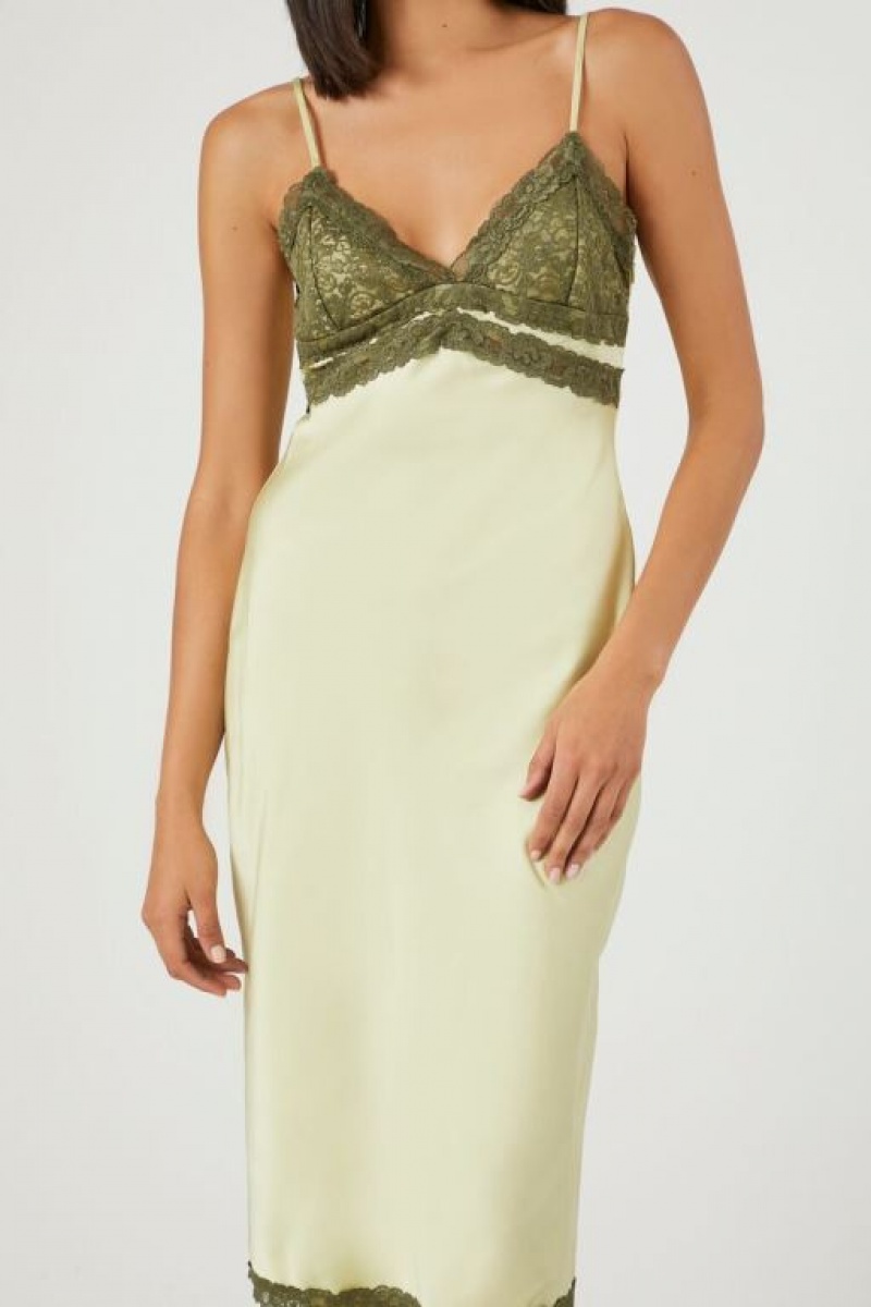 Vestido Forever 21 Satin Lace Trim Midi Mujer Gris Verde | tmogOoLrPX2