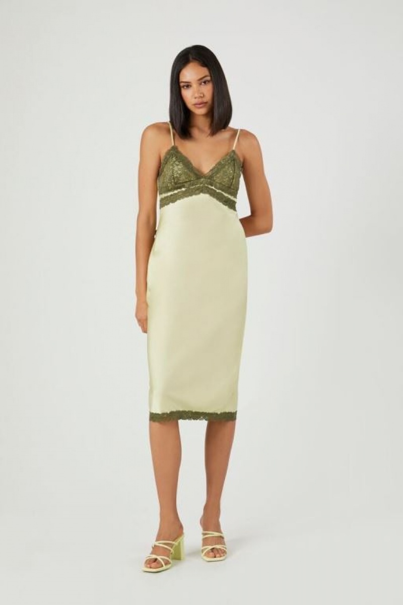 Vestido Forever 21 Satin Lace Trim Midi Mujer Gris Verde | tmogOoLrPX2