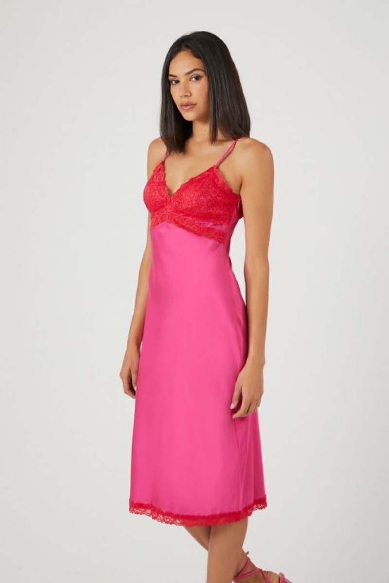 Vestido Forever 21 Satin Lace Trim Midi Mujer Fucsia | i4YxxCQ2Xbj