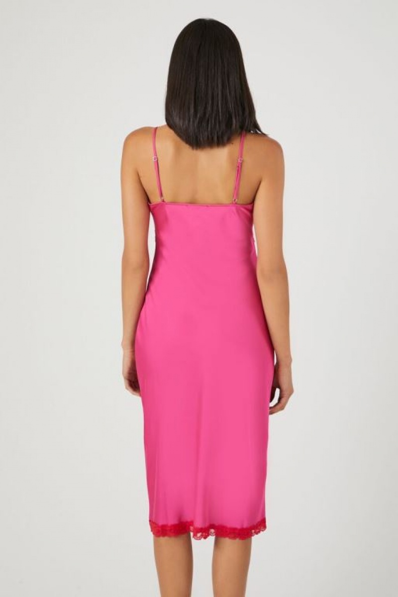 Vestido Forever 21 Satin Lace Trim Midi Mujer Fucsia | i4YxxCQ2Xbj