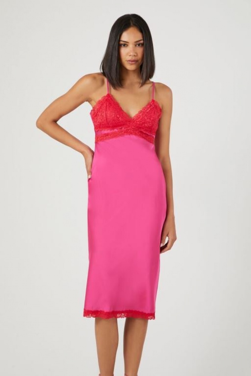 Vestido Forever 21 Satin Lace Trim Midi Mujer Fucsia | i4YxxCQ2Xbj