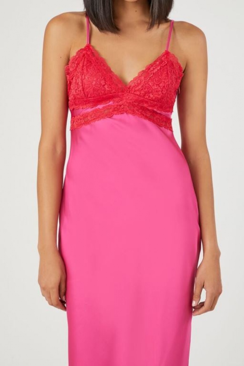 Vestido Forever 21 Satin Lace Trim Midi Mujer Fucsia | i4YxxCQ2Xbj