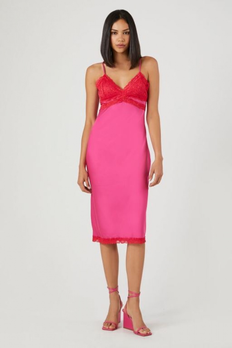 Vestido Forever 21 Satin Lace Trim Midi Mujer Fucsia | i4YxxCQ2Xbj