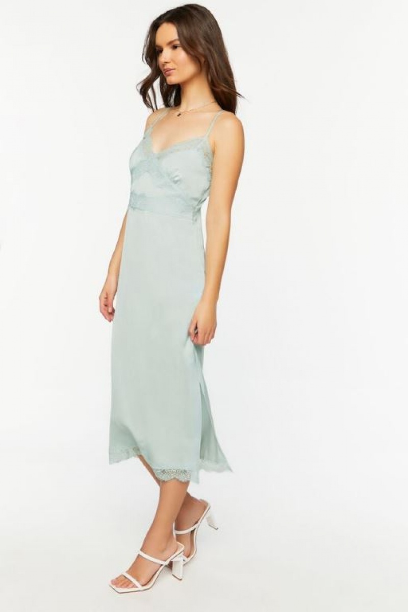 Vestido Forever 21 Satin Lace Trim Midi Slip Mujer Azules | 9Bx0c7YMevo