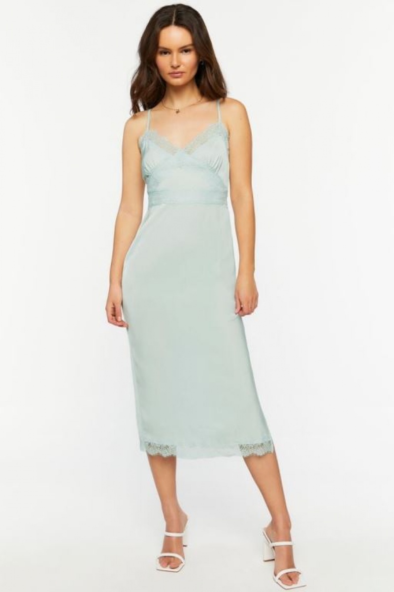 Vestido Forever 21 Satin Lace Trim Midi Slip Mujer Azules | 9Bx0c7YMevo