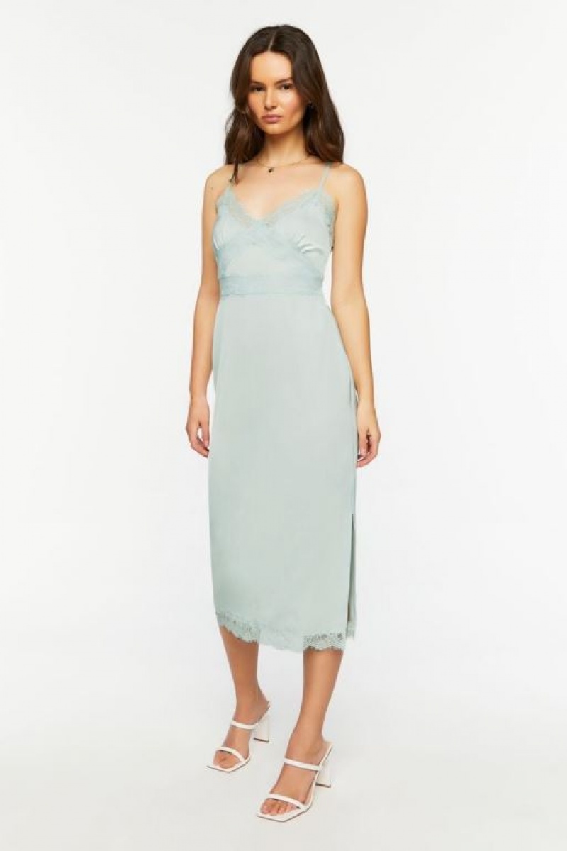 Vestido Forever 21 Satin Lace Trim Midi Slip Mujer Azules | 9Bx0c7YMevo