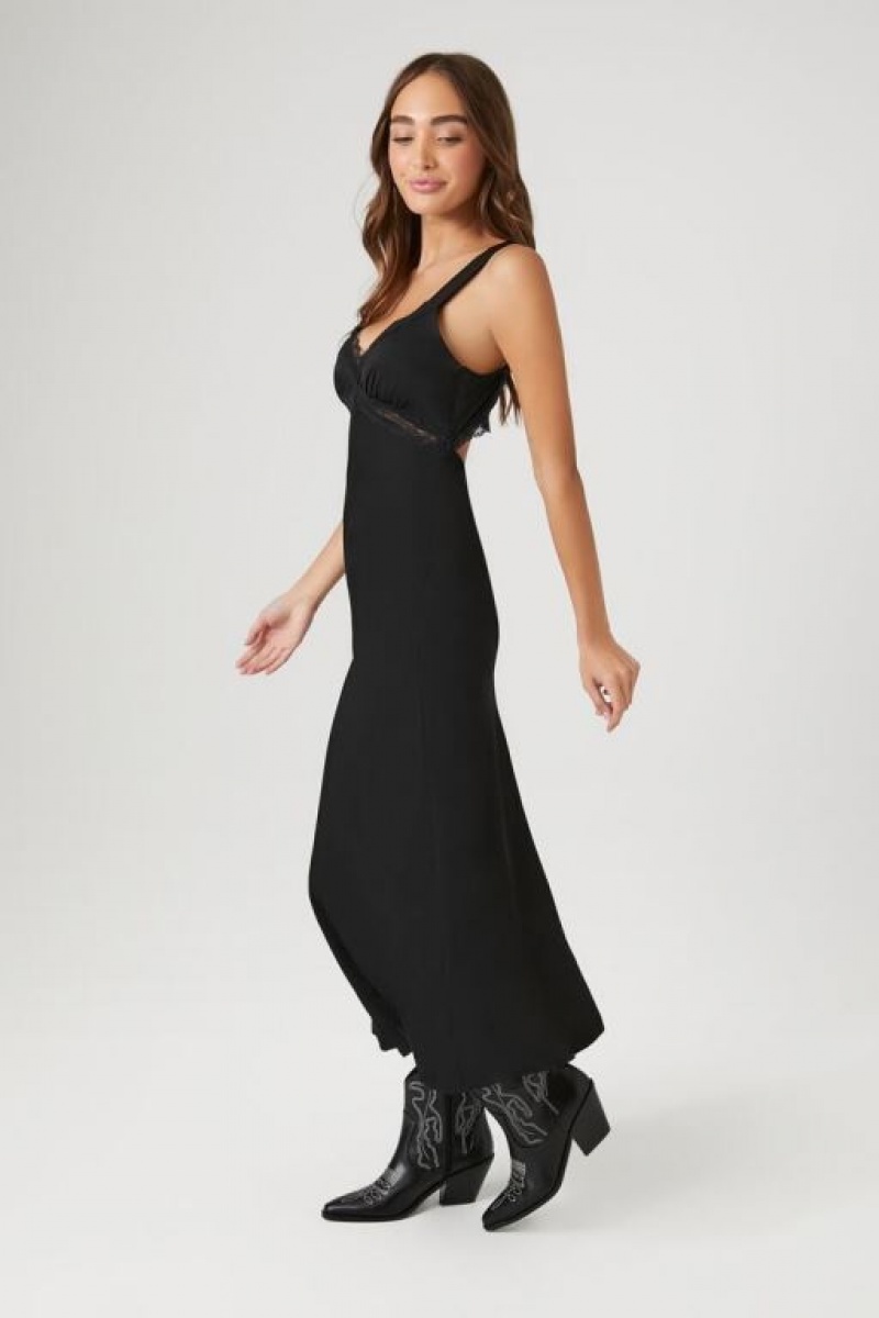 Vestido Forever 21 Satin Lace Trim Midi Slip Mujer Negras | f5aPaBJ0omd