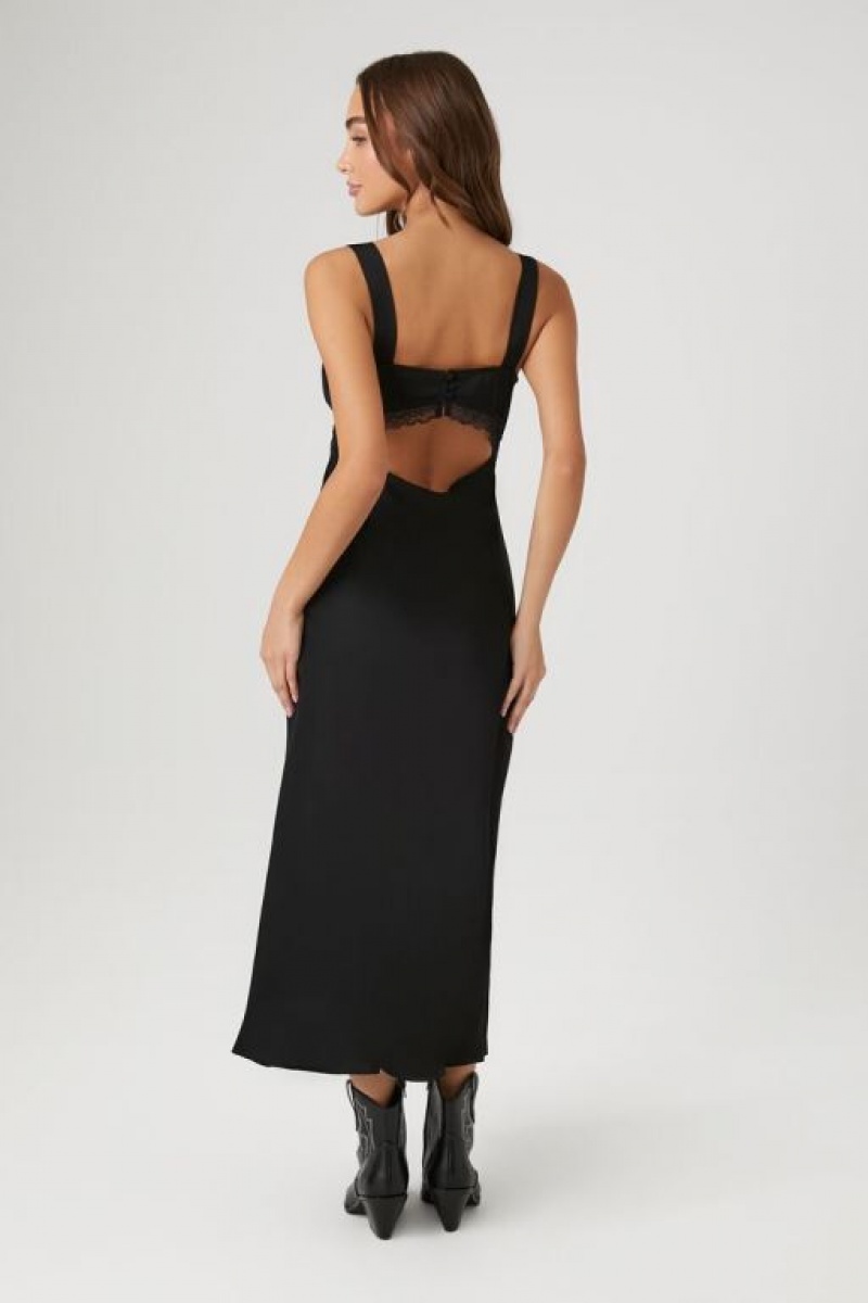 Vestido Forever 21 Satin Lace Trim Midi Slip Mujer Negras | f5aPaBJ0omd