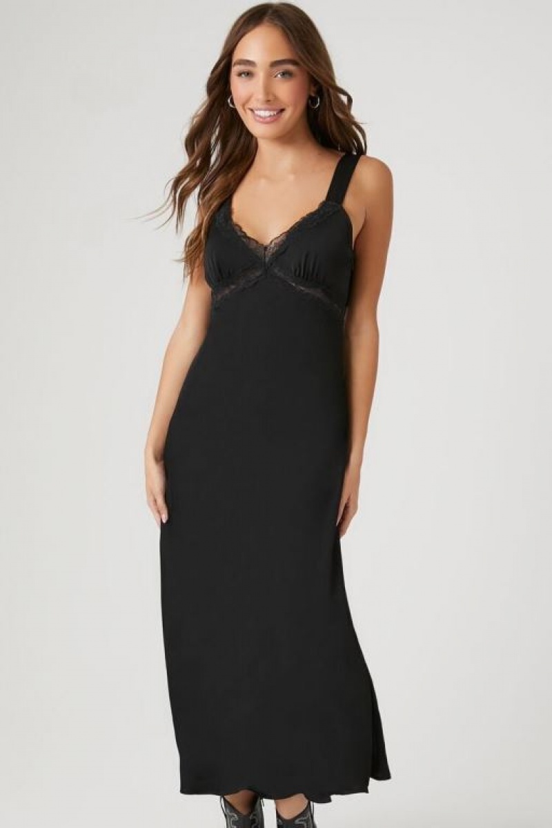 Vestido Forever 21 Satin Lace Trim Midi Slip Mujer Negras | f5aPaBJ0omd