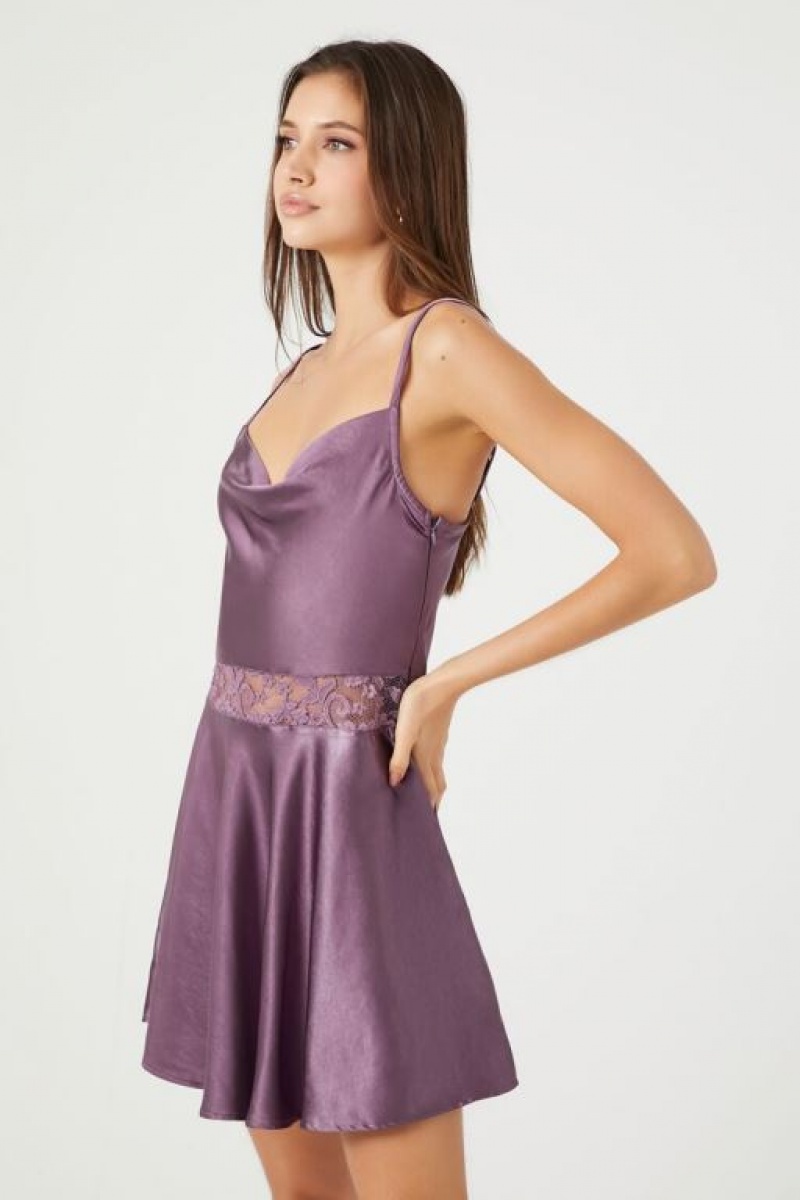 Vestido Forever 21 Satin Lace Trim Mini Skater Mujer Moradas | JPPk2bh6EXV