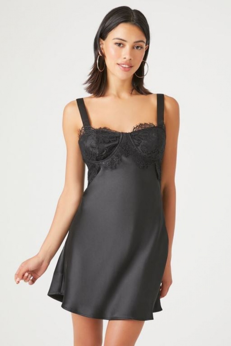 Vestido Forever 21 Satin Lace Trim Mini Slip Mujer Negras | qzfvWE8w8Cy