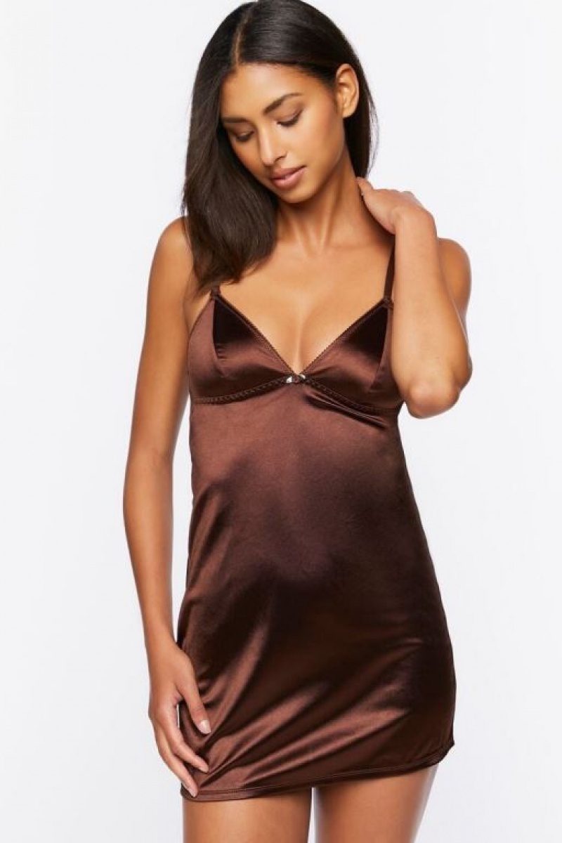 Vestido Forever 21 Satin Lingerie Slip Mujer Marrones | bpyZfrCDJyG