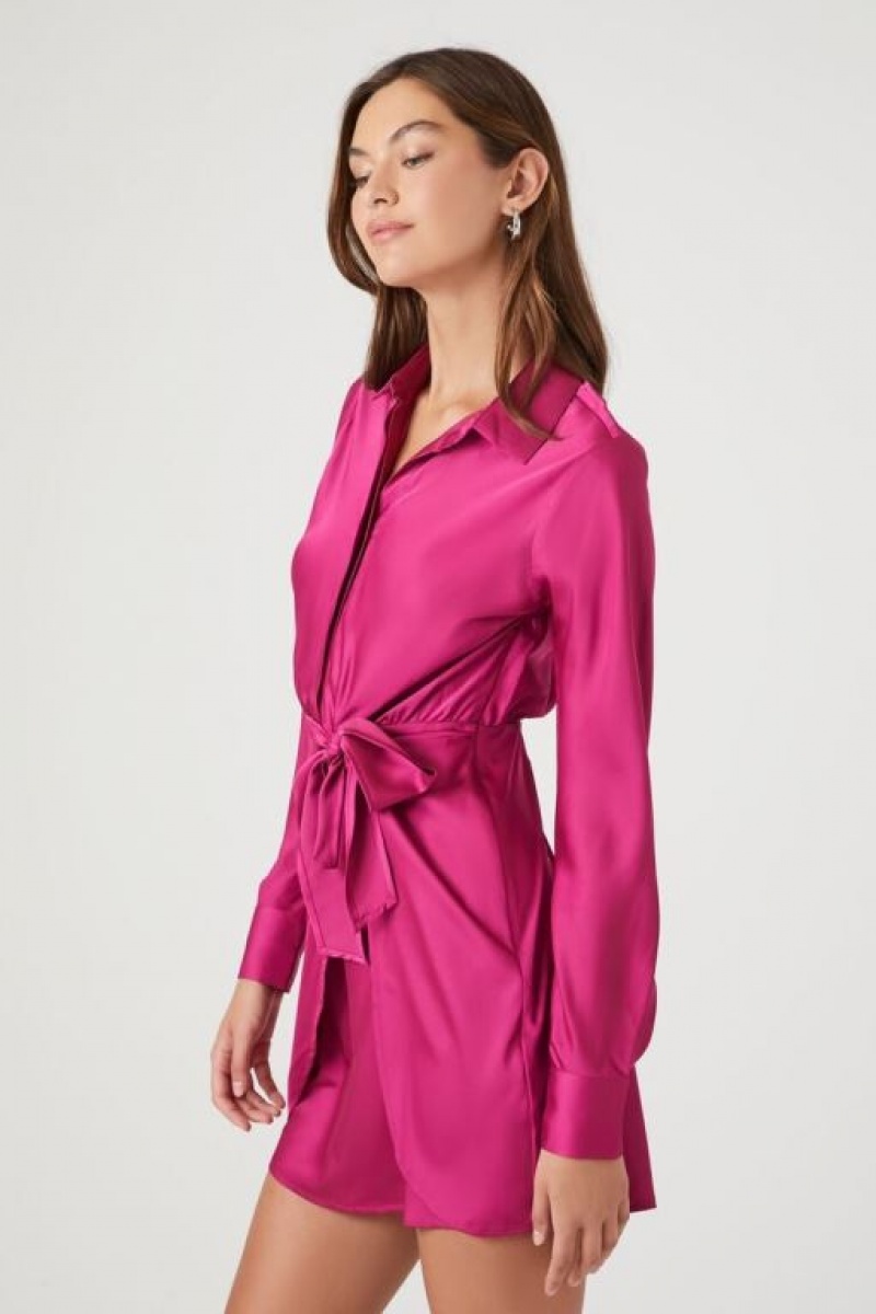 Vestido Forever 21 Satin Mini Wrap Mujer Fucsia | STA27vZxhJA