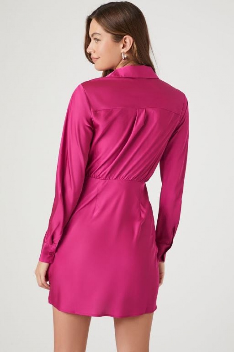 Vestido Forever 21 Satin Mini Wrap Mujer Fucsia | STA27vZxhJA