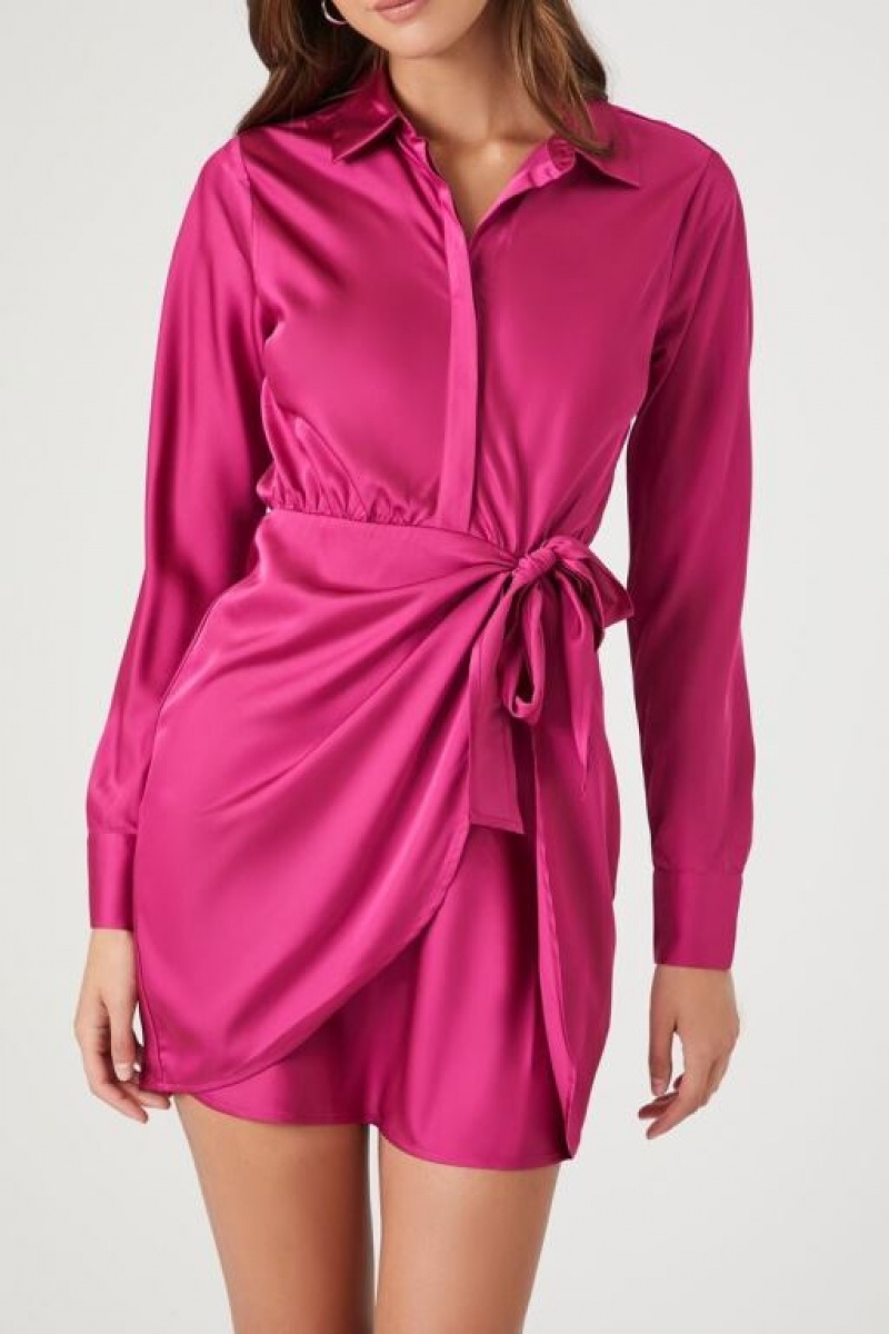 Vestido Forever 21 Satin Mini Wrap Mujer Fucsia | STA27vZxhJA