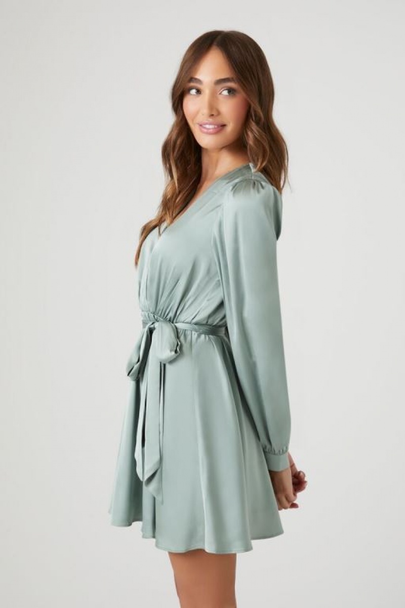 Vestido Forever 21 Satin Mock Wrap Mini Mujer Verde | 1gGVZMF5QIf