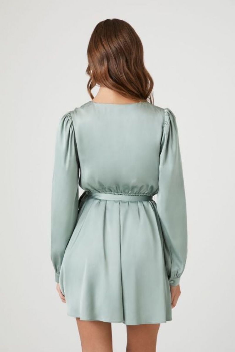 Vestido Forever 21 Satin Mock Wrap Mini Mujer Verde | 1gGVZMF5QIf