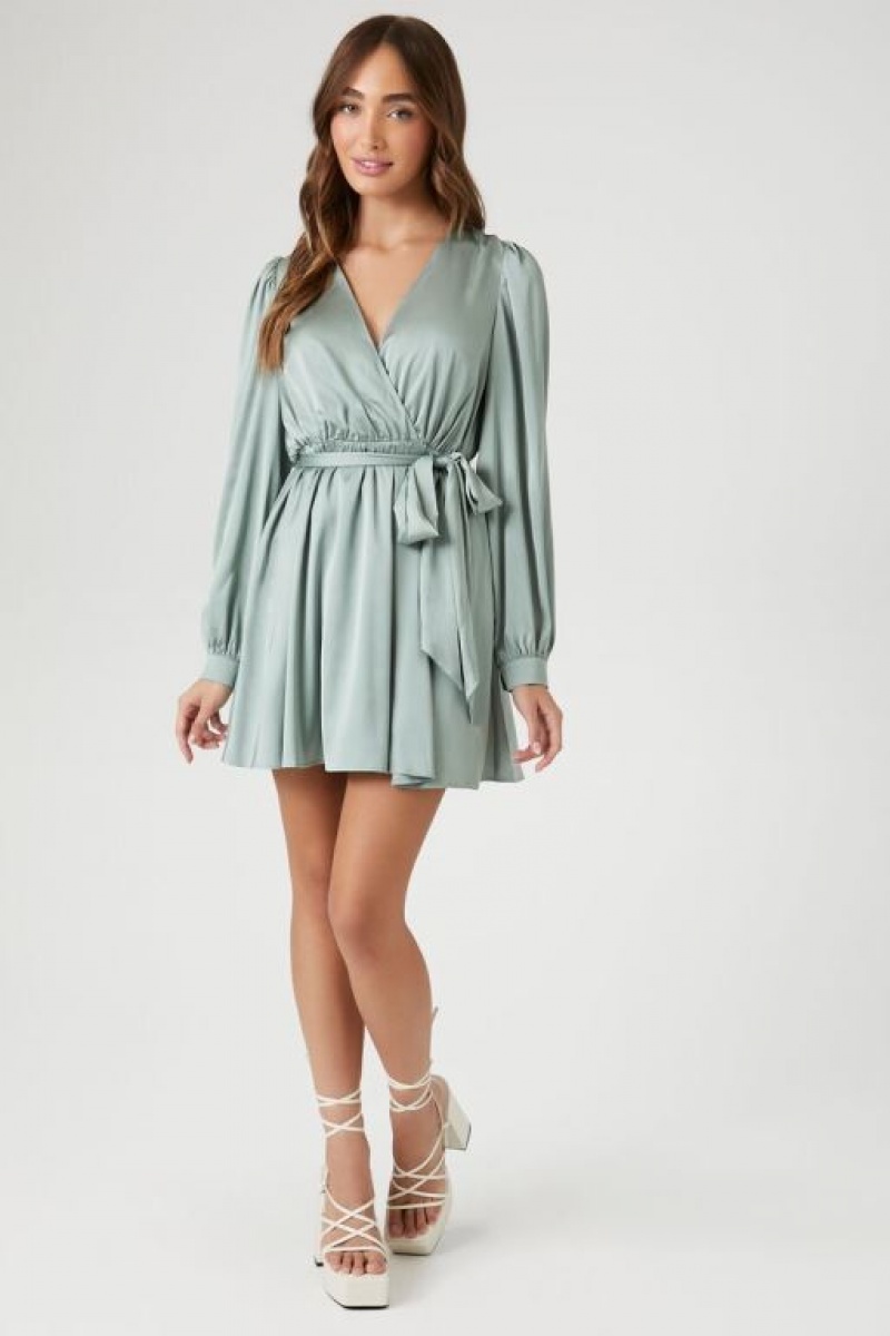 Vestido Forever 21 Satin Mock Wrap Mini Mujer Verde | 1gGVZMF5QIf