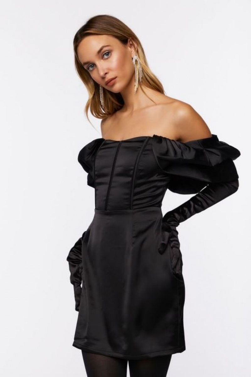 Vestido Forever 21 Satin Off The Shoulder Corset Mujer Negras | YxqSj6vj05O