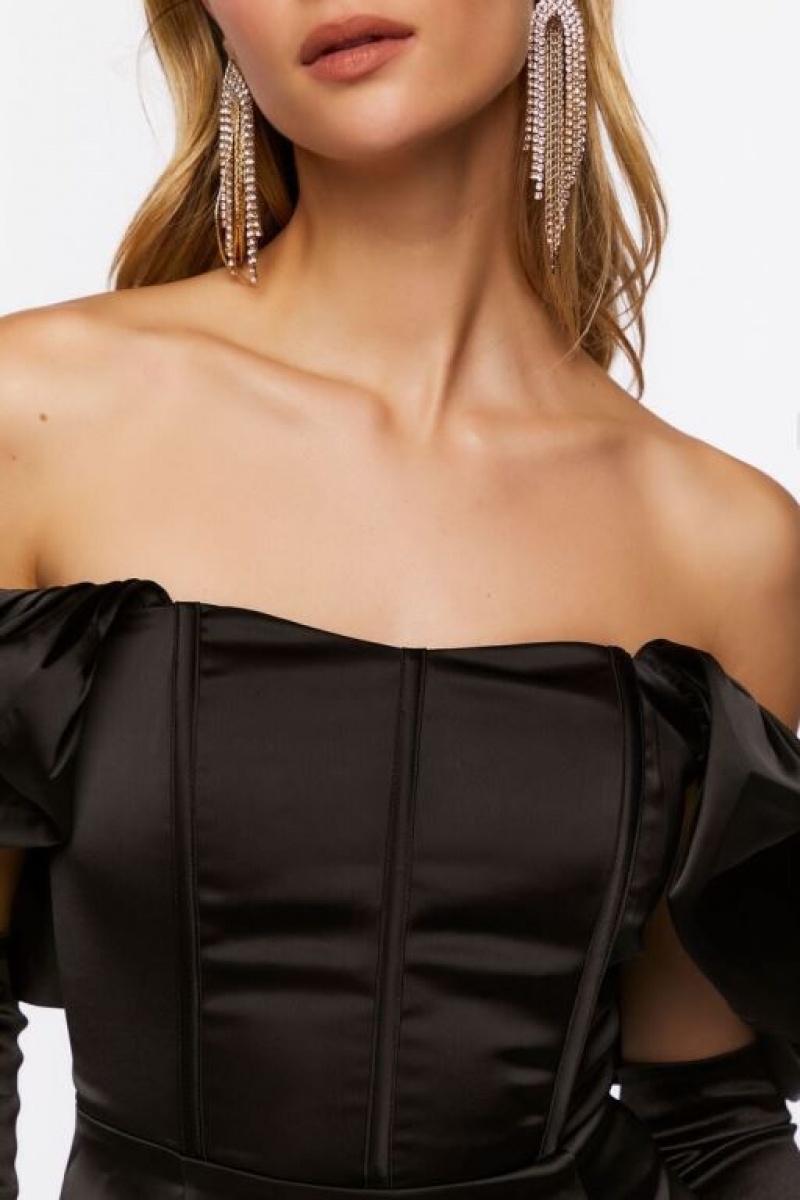 Vestido Forever 21 Satin Off The Shoulder Corset Mujer Negras | YxqSj6vj05O