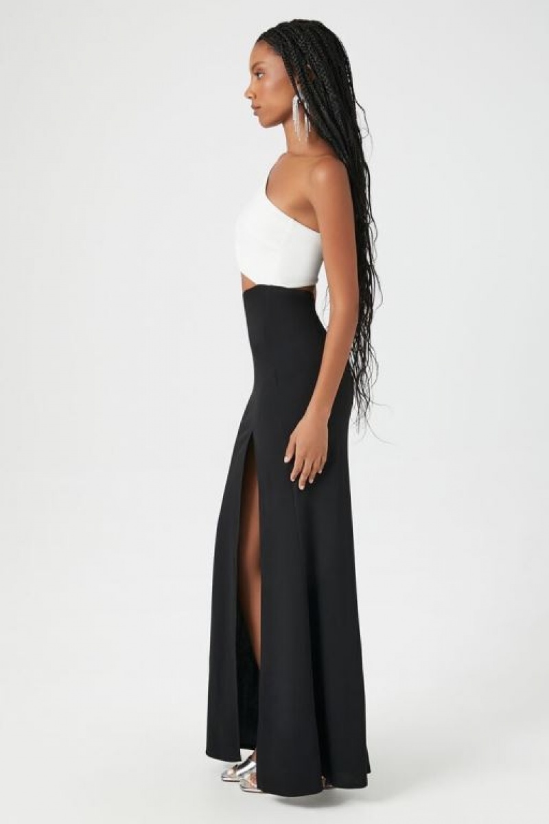 Vestido Forever 21 Satin One Shoulder Colorblock Maxi Mujer Blancas Negras | zFNRG8VDBzY