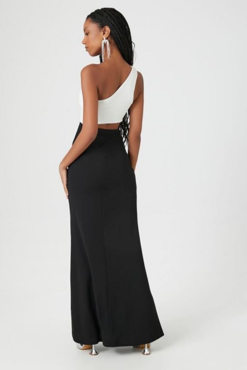 Vestido Forever 21 Satin One Shoulder Colorblock Maxi Mujer Blancas Negras | zFNRG8VDBzY